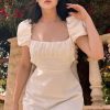 Breezy Ruched Square Neck Puff Sleeve Lace Up Back Party Mini Dress - White