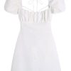 Breezy Ruched Square Neck Puff Sleeve Lace Up Back Party Mini Dress - White
