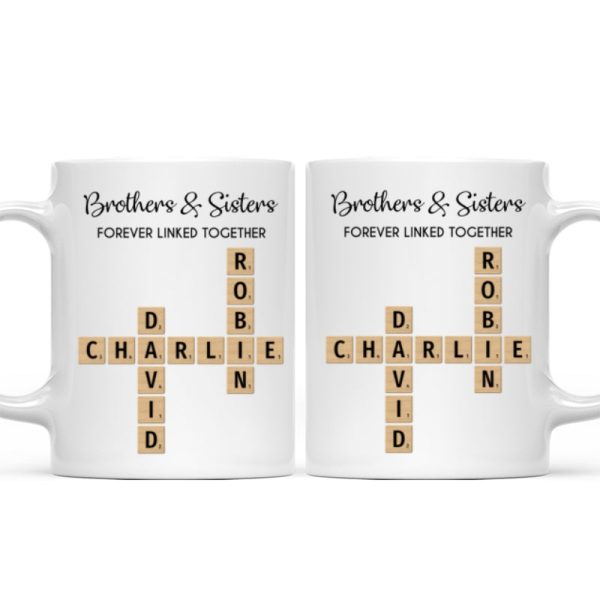 Brothers And Sisters Forever Linked Together Crossword Puzzle Art Personalized Mug, Gift For Brothers, Sisters, Siblings, Family
