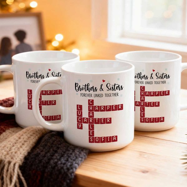 Brothers And Sisters Forever Linked Together Festive Theme Crossword Puzzle Art - Personalized Mug - Gift For Siblings, Family Brothers And Sisters Forever Linked Together Festive Theme Crossword Puzzle Art - Personalized Mug - Gift For Siblings, Family