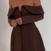 Brown Off Shoulder Long Sleeve Button Mini Dress Brown Off Shoulder Long Sleeve Button Mini Dress