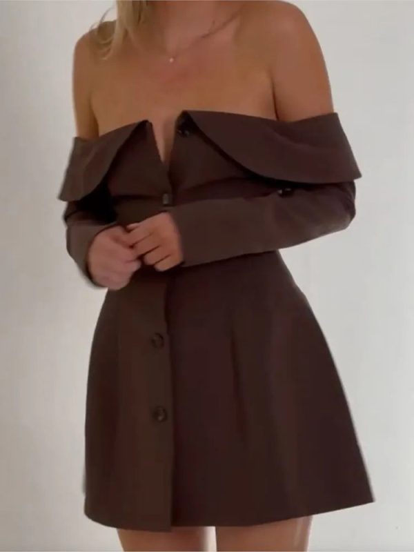 Brown Off Shoulder Long Sleeve Button Mini Dress Brown Off Shoulder Long Sleeve Button Mini Dress