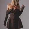 Brown Off Shoulder Long Sleeve Button Mini Dress Brown Off Shoulder Long Sleeve Button Mini Dress