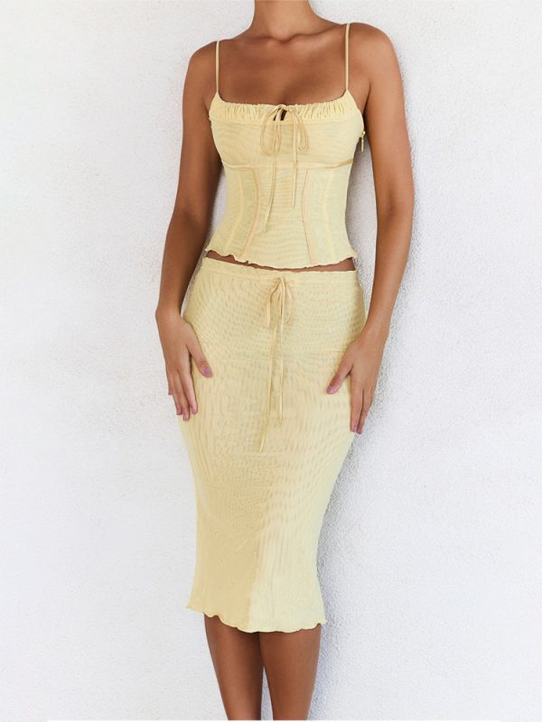 Butter Strappy Ruched Top Knee Length Skirt Set Butter Strappy Ruched Top Knee Length Skirt Set