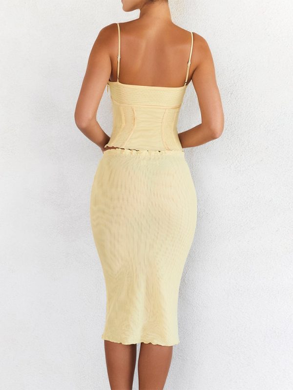 Butter Strappy Ruched Top Knee Length Skirt Set Butter Strappy Ruched Top Knee Length Skirt Set