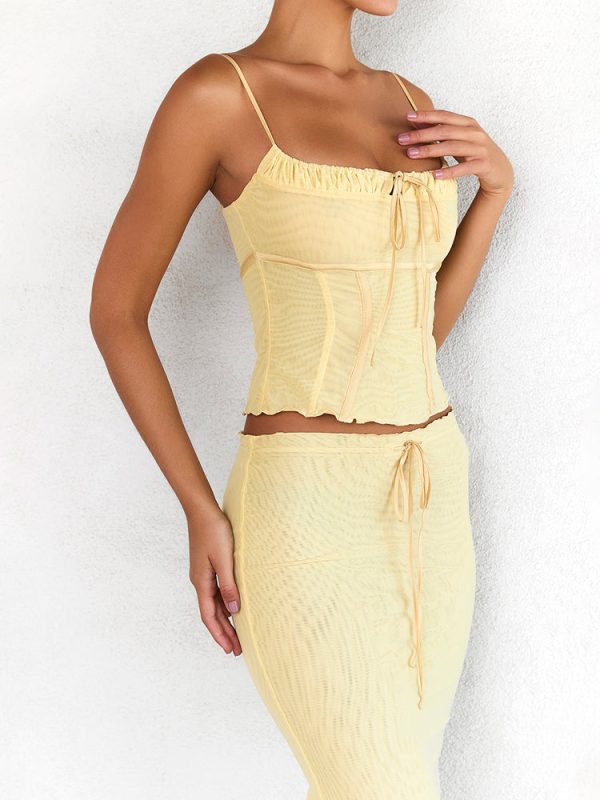 Butter Strappy Ruched Top Knee Length Skirt Set Butter Strappy Ruched Top Knee Length Skirt Set