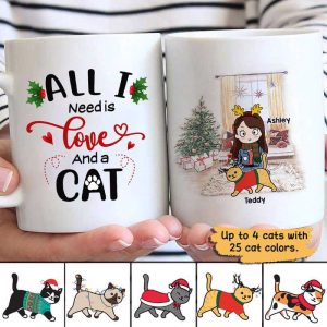 Cartoon Girl Loves Christmas And Cats Personalized AOP Coffee Mug