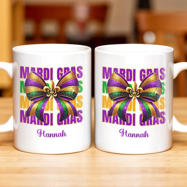 Celebrate Mardi Gras With Festive Bow Design - Personalized Custom Coffee Mug - FAM266_MG