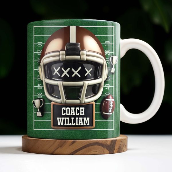 Celebrate the Best Coach with this Football Helmet, Football and Trophy - Personalized Custom Coffee Mug - TEACH005_MG
