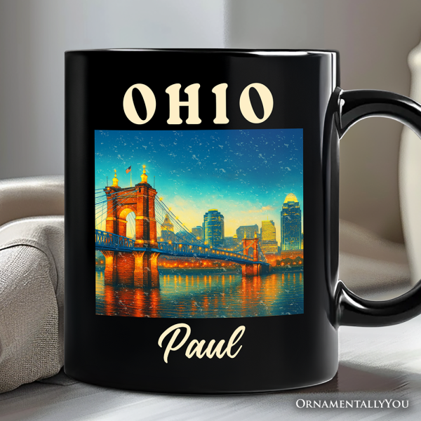 Charming Ohio State Cityscape and Landmark Personalized Mug, Cincinnati Night Bridge Gift and Midwest Skyline Souvenir with Custom Name Charming Ohio State Cityscape and Landmark Personalized Mug, Cincinnati Night Bridge Gift and Midwest Skyline Souvenir with Custom Name