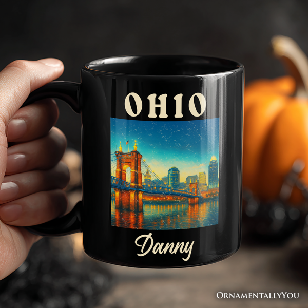 Charming Ohio State Cityscape and Landmark Personalized Mug, Cincinnati Night Bridge Gift and Midwest Skyline Souvenir with Custom Name Charming Ohio State Cityscape and Landmark Personalized Mug, Cincinnati Night Bridge Gift and Midwest Skyline Souvenir with Custom Name