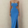 Charming Strapless Cut Out High Slit Maxi Prom Formal Dress - Blue Charming Strapless Cut Out High Slit Maxi Prom Formal Dress - Blue