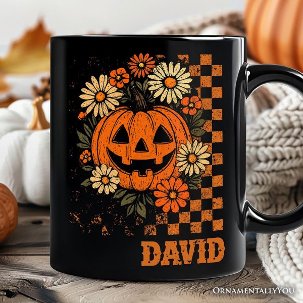 Checkered Floral Pumpkin Personalized Mug, Retro Preppy Halloween Gift with Custom Name for Spooky Season Vibes Checkered Floral Pumpkin Personalized Mug, Retro Preppy Halloween Gift with Custom Name for Spooky Season Vibes