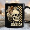 Checkered Floral Skeleton Personalized Mug, Vintage Skull Daisy Halloween Gift with Custom Name Checkered Floral Skeleton Personalized Mug, Vintage Skull Daisy Halloween Gift with Custom Name