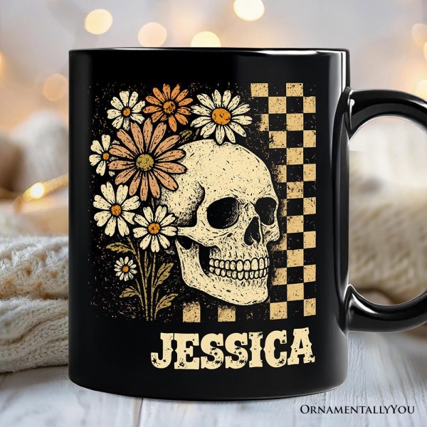 Checkered Floral Skeleton Personalized Mug, Vintage Skull Daisy Halloween Gift with Custom Name Checkered Floral Skeleton Personalized Mug, Vintage Skull Daisy Halloween Gift with Custom Name