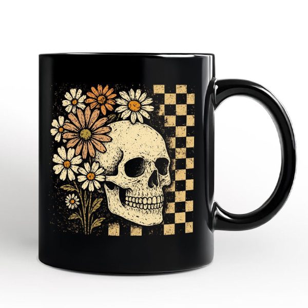 Checkered Floral Skeleton Personalized Mug, Vintage Skull Daisy Halloween Gift with Custom Name Checkered Floral Skeleton Personalized Mug, Vintage Skull Daisy Halloween Gift with Custom Name
