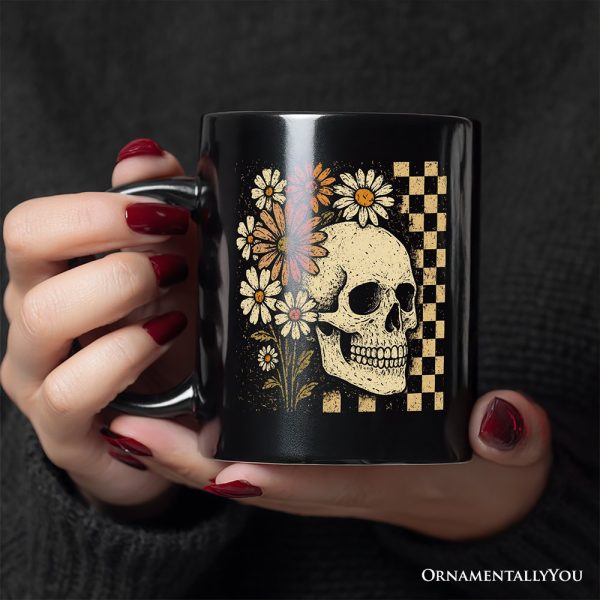 Checkered Floral Skeleton Personalized Mug, Vintage Skull Daisy Halloween Gift with Custom Name Checkered Floral Skeleton Personalized Mug, Vintage Skull Daisy Halloween Gift with Custom Name