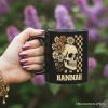 Checkered Floral Skeleton Personalized Mug, Vintage Skull Daisy Halloween Gift with Custom Name Checkered Floral Skeleton Personalized Mug, Vintage Skull Daisy Halloween Gift with Custom Name