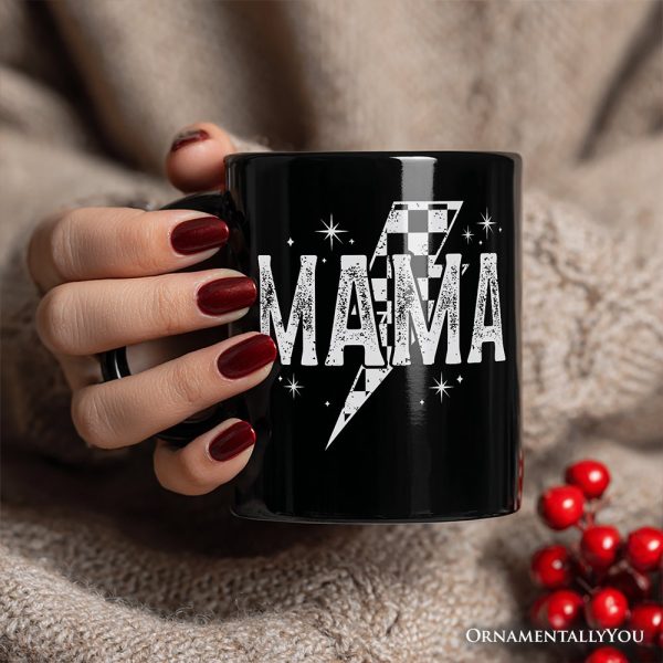 Checkered Lightning Bolt Mama Personalized Mug, Vintage Retro Black and White Gift with Custom Name for Energetic Moms Checkered Lightning Bolt Mama Personalized Mug, Vintage Retro Black and White Gift with Custom Name for Energetic Moms