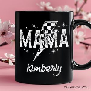 Checkered Lightning Bolt Mama Personalized Mug, Vintage Retro Black and White Gift with Custom Name for Energetic Moms
