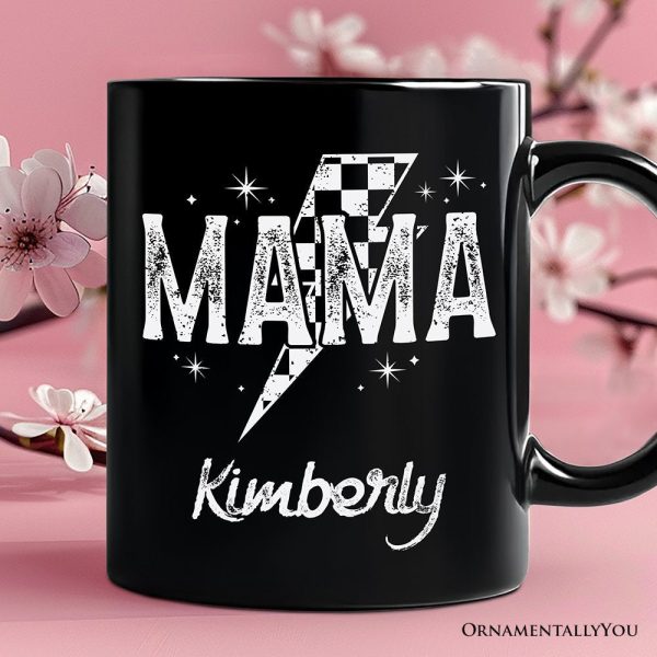 Checkered Lightning Bolt Mama Personalized Mug, Vintage Retro Black and White Gift with Custom Name for Energetic Moms Checkered Lightning Bolt Mama Personalized Mug, Vintage Retro Black and White Gift with Custom Name for Energetic Moms