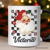 Checkered Santa Claus Vintage Personalized Mug, Retro Merry Christmas Gift with Custom Name