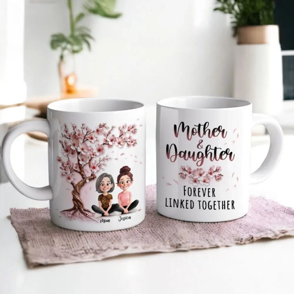 Cherry Blossom Mug with Mother & Daughter Cartoon, Personalized Gift Cherry Blossom Mug with Mother & Daughter Cartoon, Personalized Gift