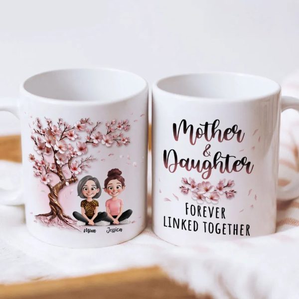 Cherry Blossom Mug with Mother & Daughter Cartoon, Personalized Gift Cherry Blossom Mug with Mother & Daughter Cartoon, Personalized Gift