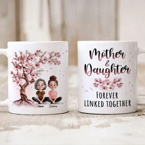 Cherry Blossom Mug with Mother & Daughter Cartoon, Personalized Gift Cherry Blossom Mug with Mother & Daughter Cartoon, Personalized Gift