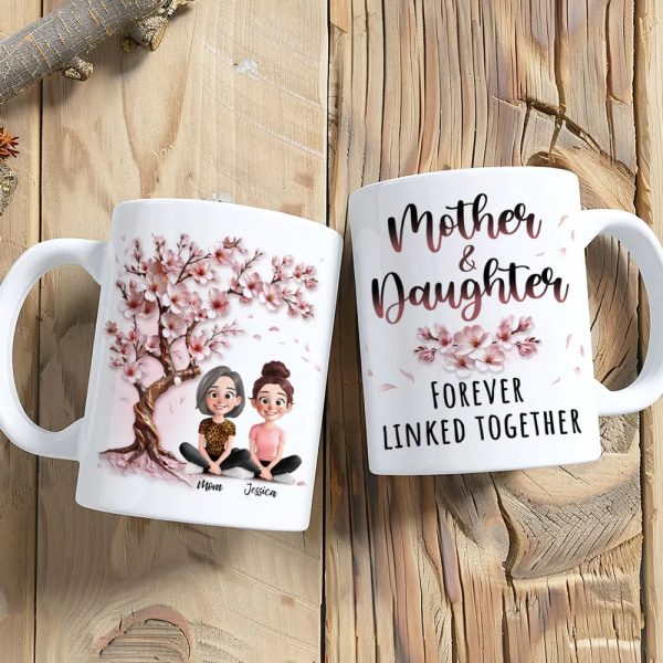 Cherry Blossom Mug with Mother & Daughter Cartoon, Personalized Gift Cherry Blossom Mug with Mother & Daughter Cartoon, Personalized Gift