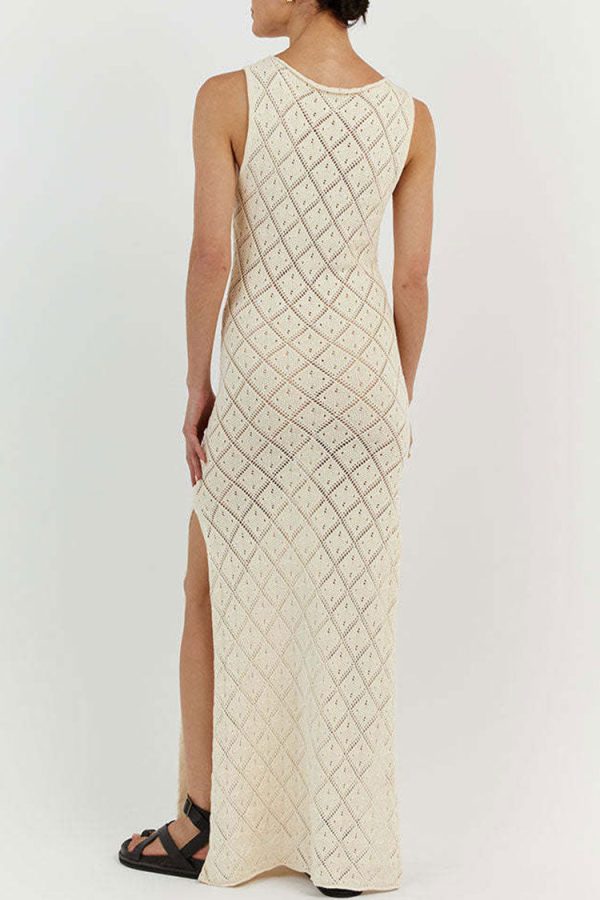 Chic Round Neck Sleeveless Crochet Knit Beach Vacatin Maxi Dress - Beige Chic Round Neck Sleeveless Crochet Knit Beach Vacatin Maxi Dress - Beige