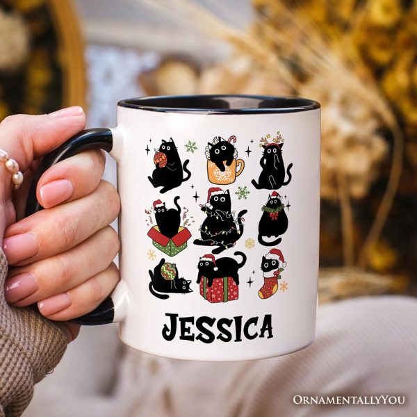 Christmas Black Cats Personalized Mug, Whimsical Cats with Santa Hat Gift with Custom Name Christmas Black Cats Personalized Mug, Whimsical Cats with Santa Hat Gift with Custom Name
