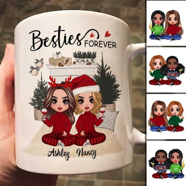 Christmas Doll Besties At Fireplace Personalized Mug Christmas Doll Besties At Fireplace Personalized Mug