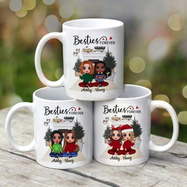 Christmas Doll Besties At Fireplace Personalized Mug Christmas Doll Besties At Fireplace Personalized Mug