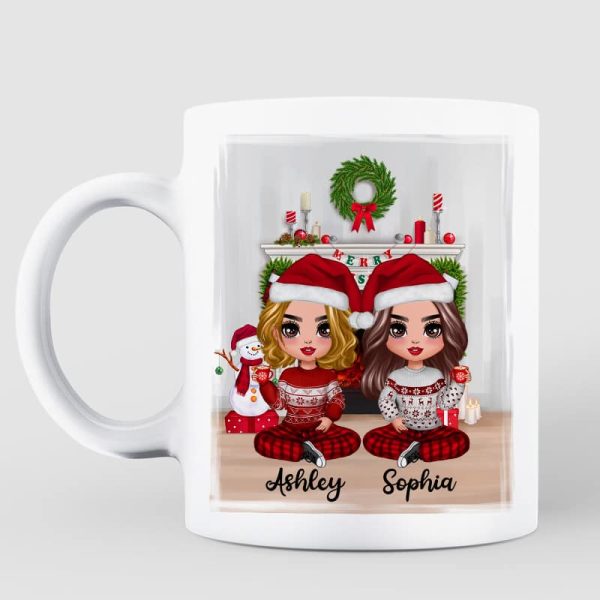 Christmas Doll Besties Sitting At Fireplace Personalized Mug Christmas Doll Besties Sitting At Fireplace Personalized Mug