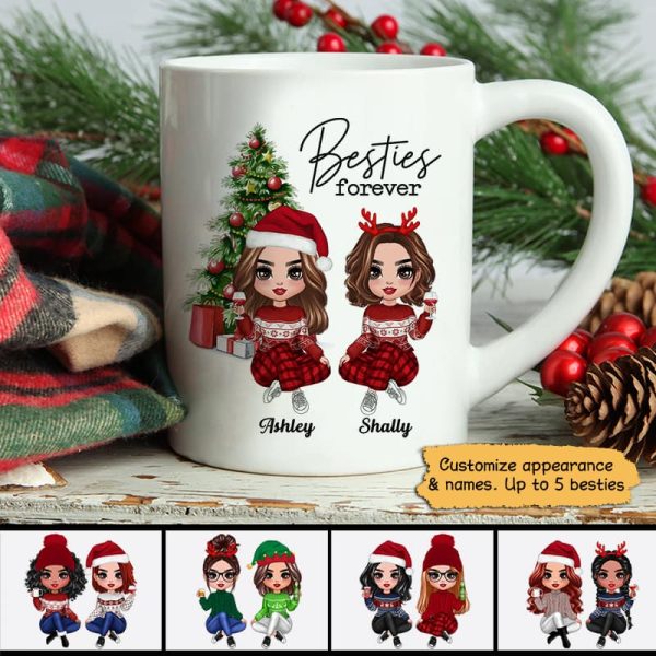 Christmas Doll Besties Sitting By Christmas Tree Personalized Mug Christmas Doll Besties Sitting By Christmas Tree Personalized Mug