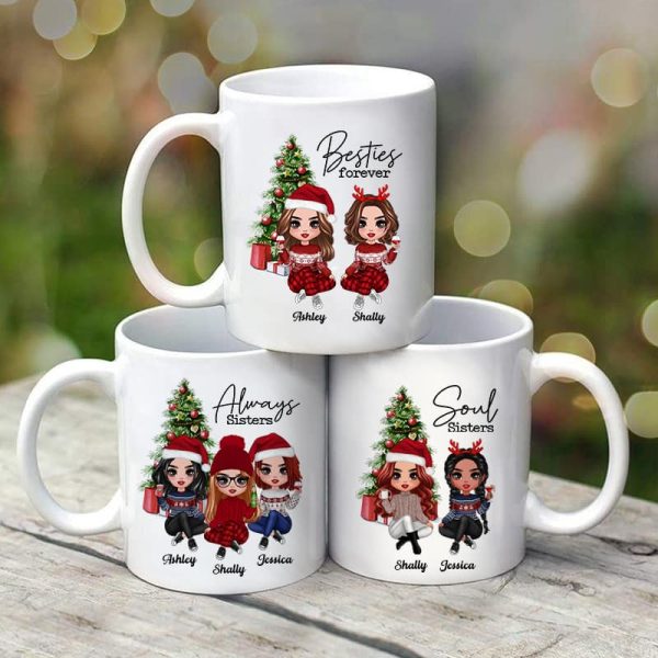 Christmas Doll Besties Sitting By Christmas Tree Personalized Mug Christmas Doll Besties Sitting By Christmas Tree Personalized Mug
