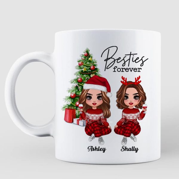 Christmas Doll Besties Sitting By Christmas Tree Personalized Mug Christmas Doll Besties Sitting By Christmas Tree Personalized Mug