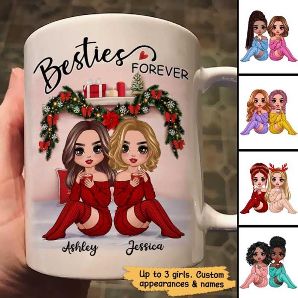 Christmas Doll Besties Sitting On Bed Personalized Mug Christmas Doll Besties Sitting On Bed Personalized Mug