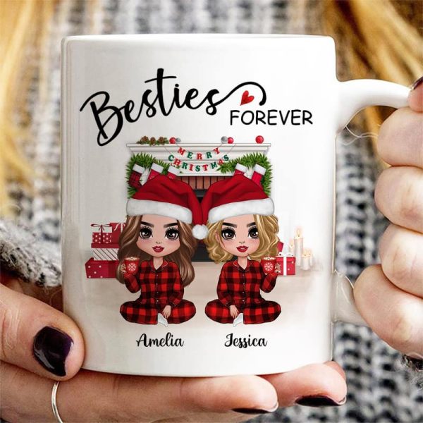 Christmas Pajamas Doll Besties Sisters Sitting At Fireplace Personalized Mug