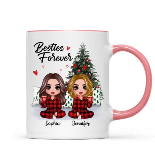 Christmas Pajamas Doll Besties Sisters Sitting Beside Christmas Tree Personalized Mug Christmas Pajamas Doll Besties Sisters Sitting Beside Christmas Tree Personalized Mug