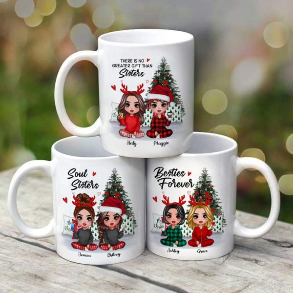 Christmas Pajamas Doll Besties Sisters Sitting Beside Christmas Tree Personalized Mug Christmas Pajamas Doll Besties Sisters Sitting Beside Christmas Tree Personalized Mug