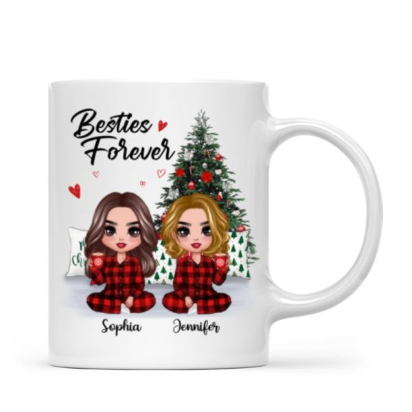 Christmas Pajamas Doll Besties Sisters Sitting Beside Christmas Tree Personalized Mug Christmas Pajamas Doll Besties Sisters Sitting Beside Christmas Tree Personalized Mug
