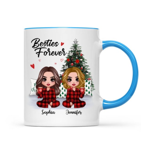 Christmas Pajamas Doll Besties Sisters Sitting Beside Christmas Tree Personalized Mug Christmas Pajamas Doll Besties Sisters Sitting Beside Christmas Tree Personalized Mug