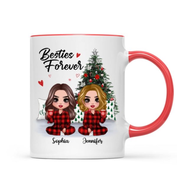 Christmas Pajamas Doll Besties Sisters Sitting Beside Christmas Tree Personalized Mug Christmas Pajamas Doll Besties Sisters Sitting Beside Christmas Tree Personalized Mug
