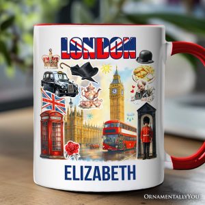 Classic London Artwork City Full of Landmarks Personalized Mug, Vintage Gift and Souvenir of England with Custom Name