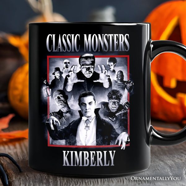 Classic Monsters Black and White Personalized Mug, Retro Vintage Horror Gift with Custom Name Classic Monsters Black and White Personalized Mug, Retro Vintage Horror Gift with Custom Name