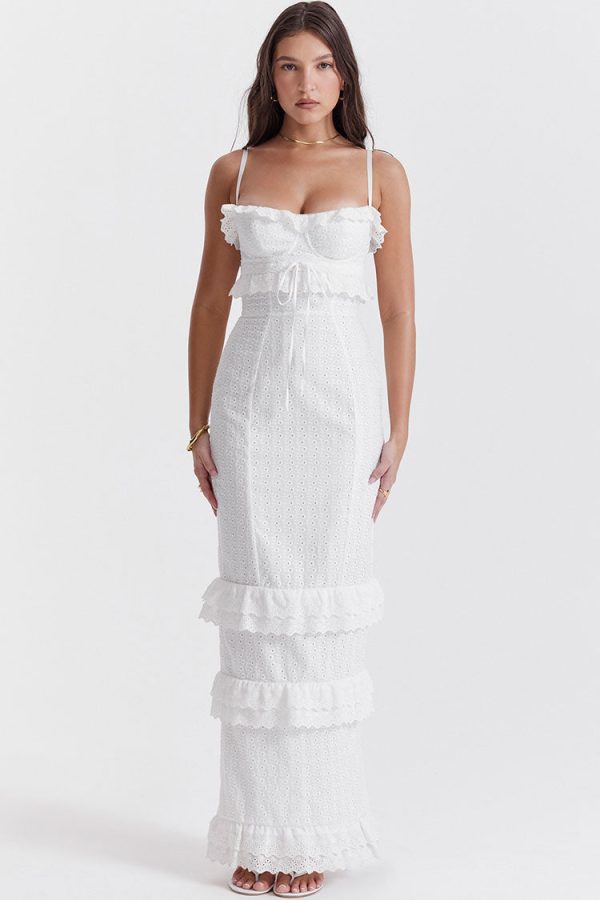 Classy Ruffle Sweetheart Broderie Anglaise Fitted Layered Maxi Sundress - White Classy Ruffle Sweetheart Broderie Anglaise Fitted Layered Maxi Sundress - White