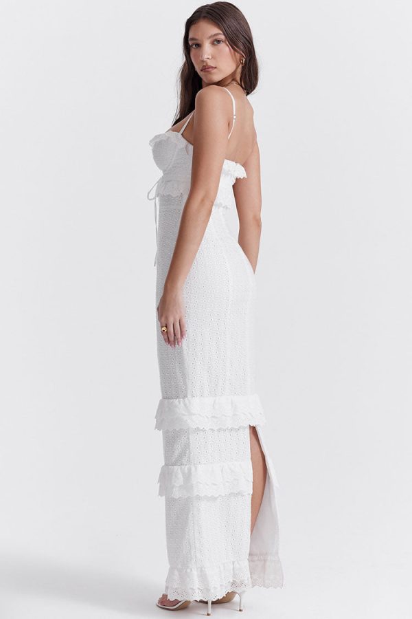 Classy Ruffle Sweetheart Broderie Anglaise Fitted Layered Maxi Sundress - White Classy Ruffle Sweetheart Broderie Anglaise Fitted Layered Maxi Sundress - White