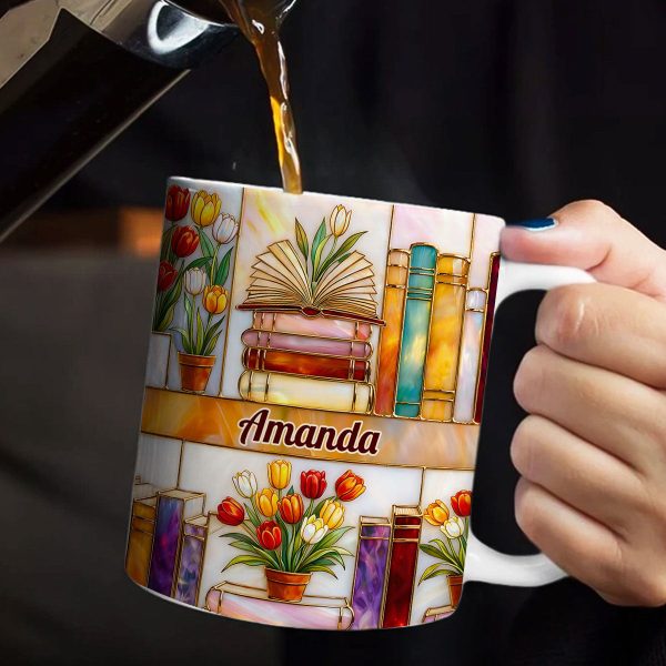 Colorful Books & Tulips In Bloom - Personalized White Edge-to-Edge Mug - Gift For Her, Book Lovers HH01 Colorful Books & Tulips In Bloom - Personalized White Edge-to-Edge Mug - Gift For Her, Book Lovers HH01